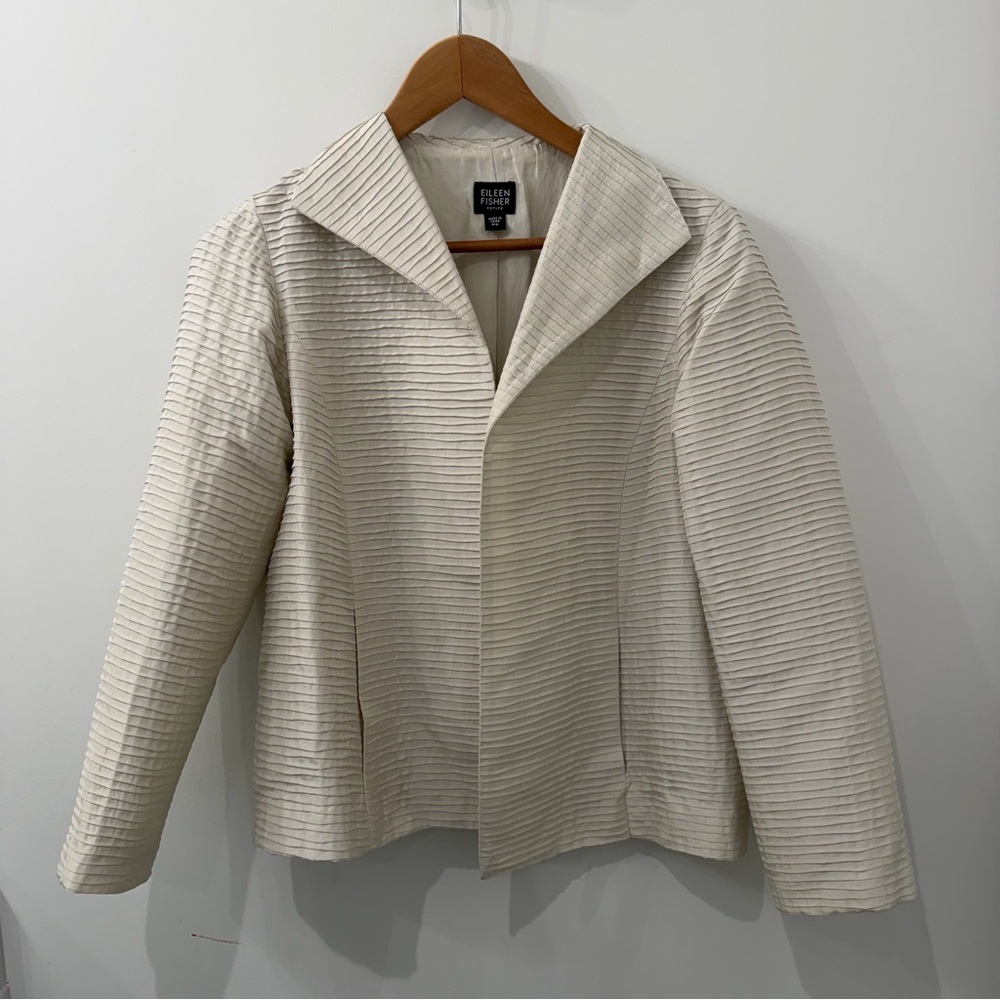 NWOT Eileen Fisher Textured Beige 100% Silk Open Front Cardigan Blazer